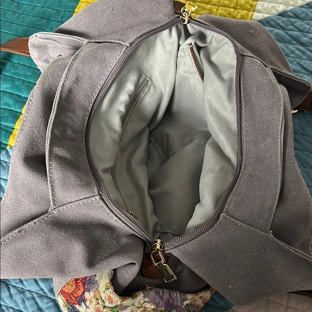 Worldlyda Purple Floral Bag with Slouchy Shape and Leather Handles